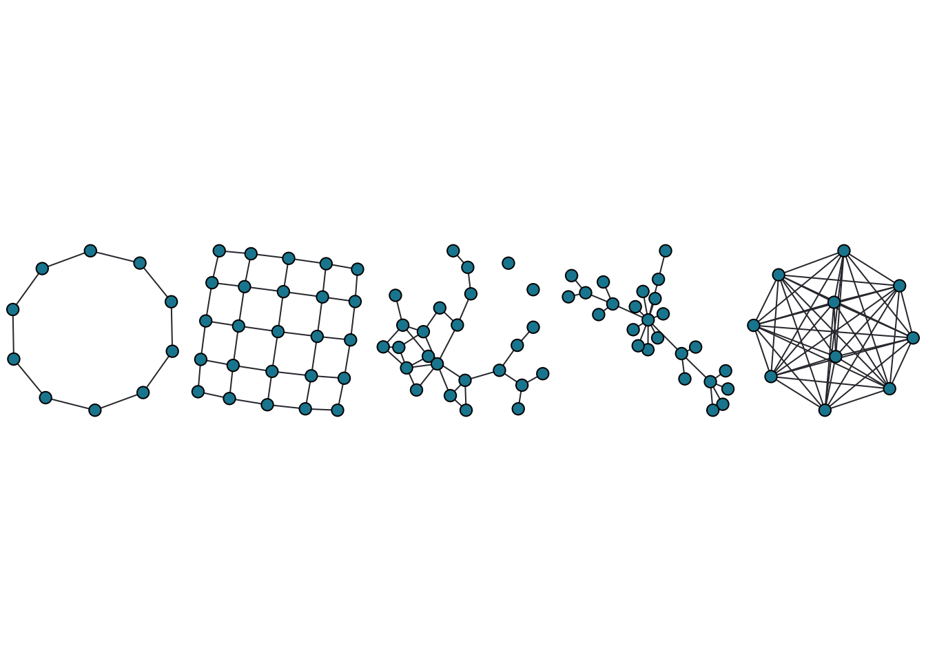 Different graph types (from left: circle, lattice, random, scale free, fully connected) vary in the density and distribution of edges between nodes.